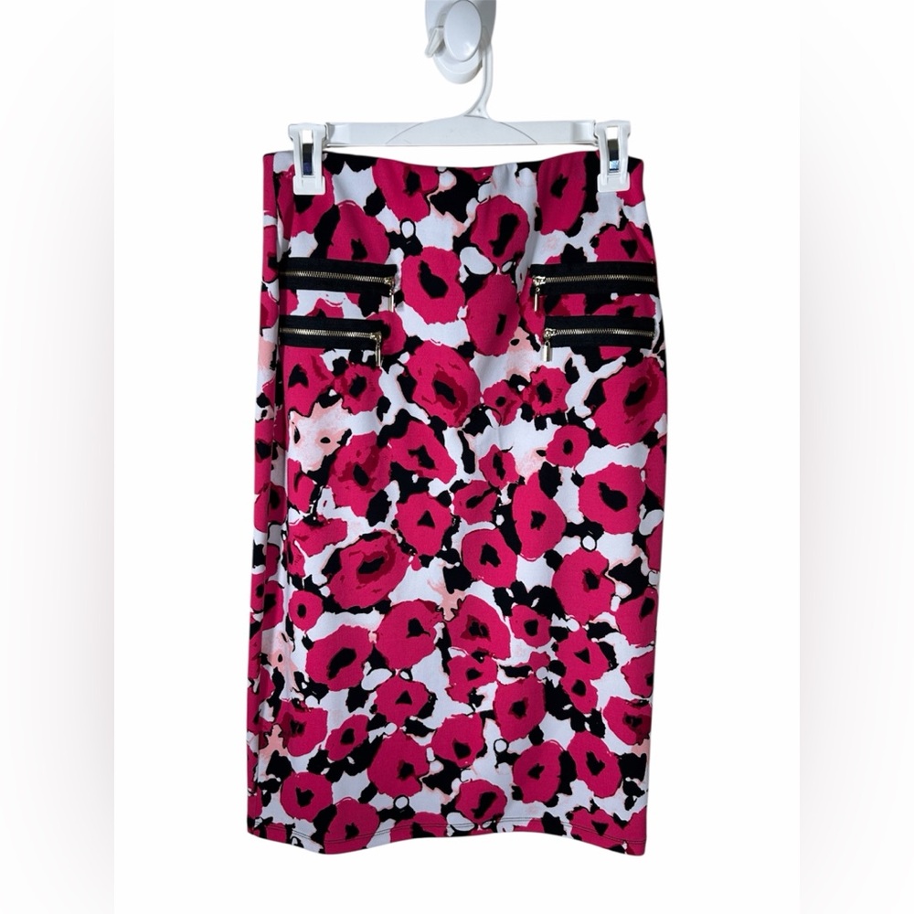 Grace Elements Hot Pink Floral Pencil Skirt with Black Zip Details